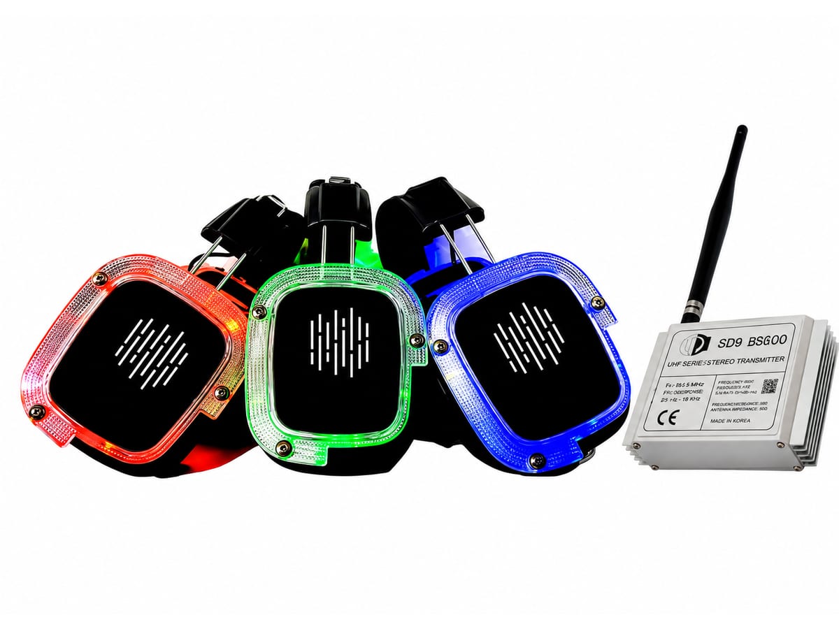 Drie LED-koptelefoons in rood, groen en blauw naast de zender