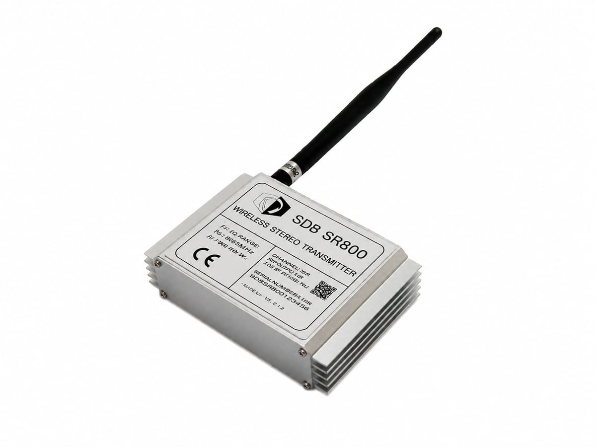De zender met antenne die de drie kanalen uitstuurt
